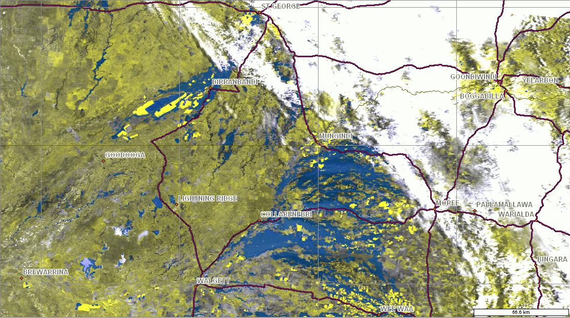 This data was collected at 10:09am (WST) from the MODIS Terra sensor (satellite). Cloud cover persists over St George