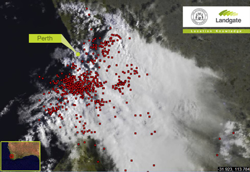 Satellite imagery over Perth showing lightning strikes